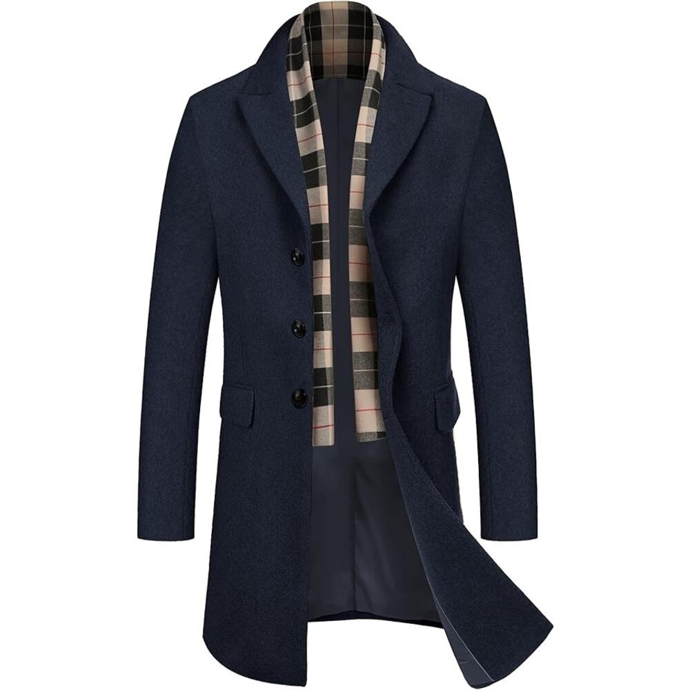 NWT COOFANDY Men's Peacoat Pea Coats Winter Breasted W Detachable Scarf,Navy-S